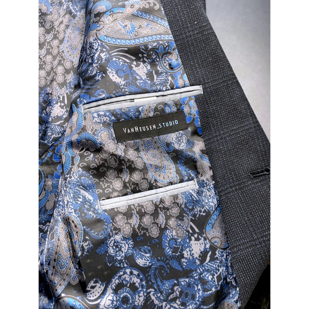 Van Heusen Studio 44R Blue Black Plaid Elbow Patch Blazer - Picture 8 of 13